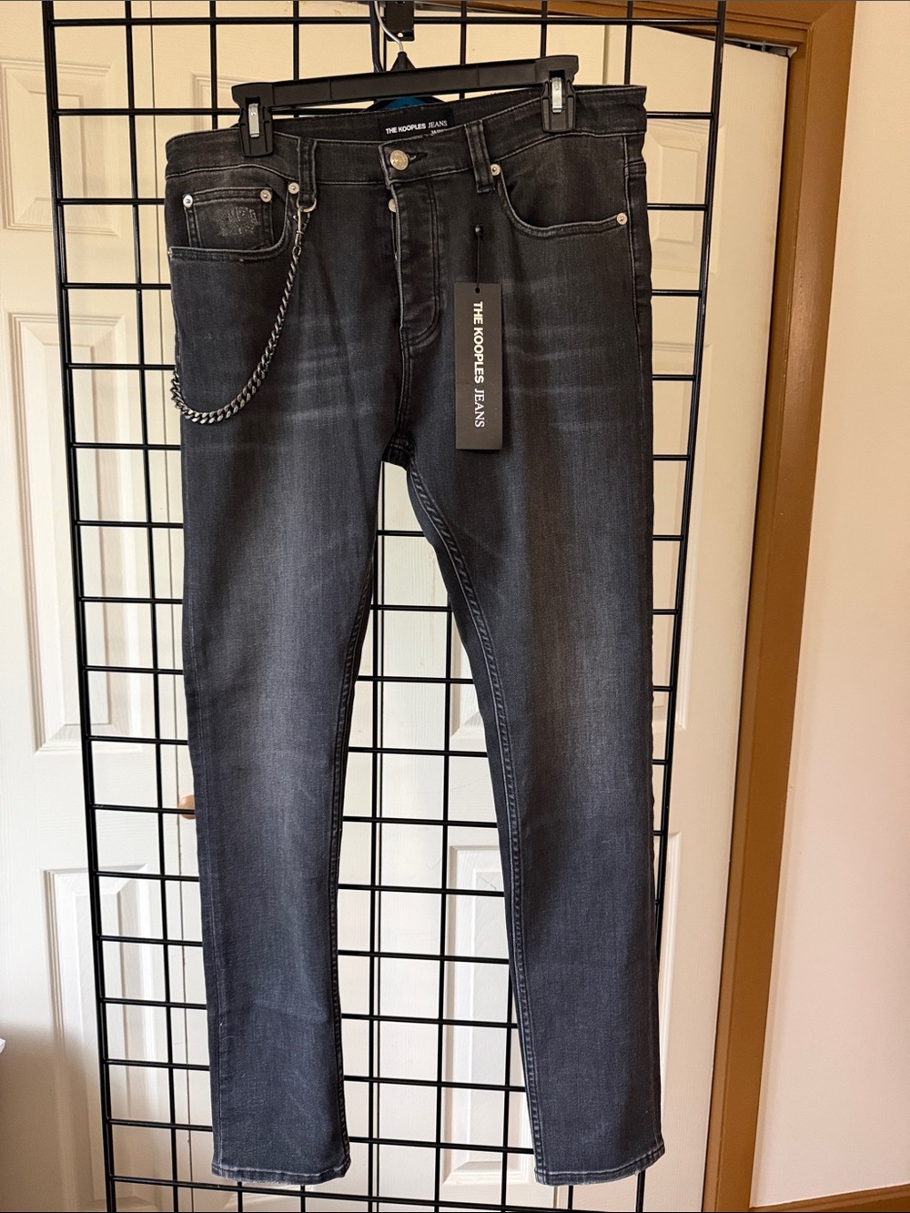 The Kooples Men’s Slim Straight Black Jeans with Chain Detail
